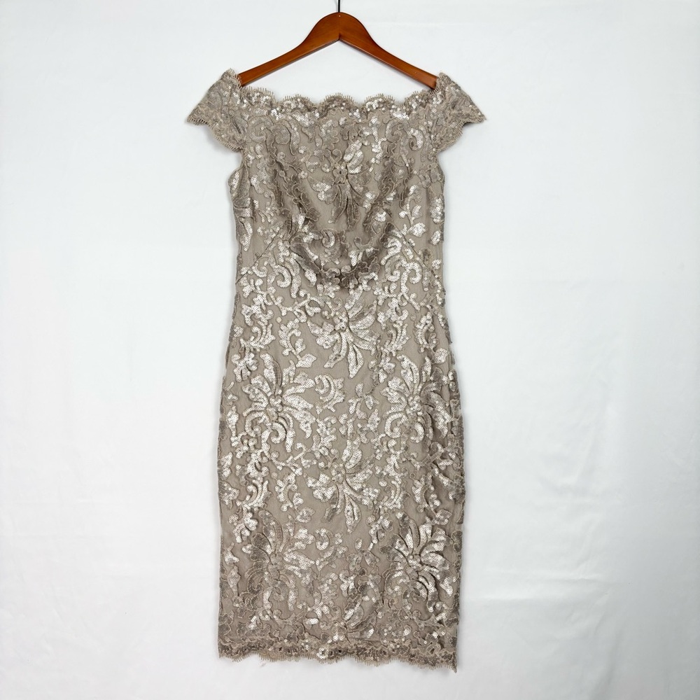Tadashi Shoji Beige Sequin Off Shoulder‎ Dress Size 4